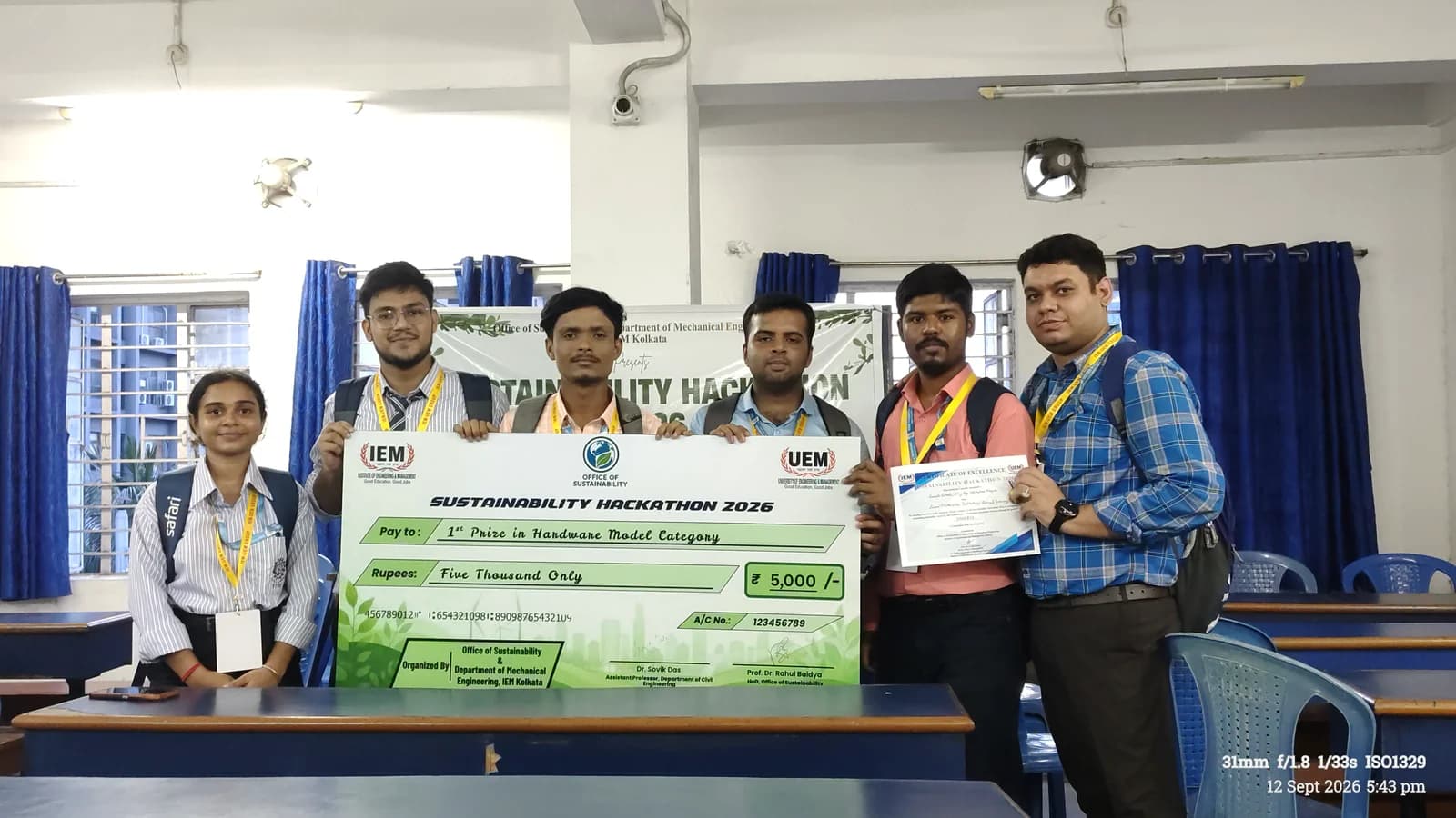 Team Ignibrix, SVIST Mechanical Engineering students, with their 1st prize cheque and Certificate of Excellence at the Sustainability Hackathon 2026