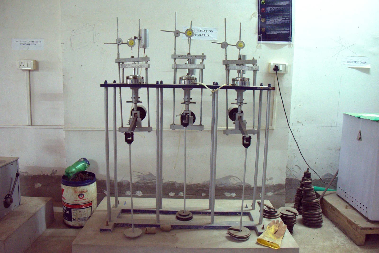 Bank of soil consolidation test frames in SVIST's Geotechnical Engineering laboratory