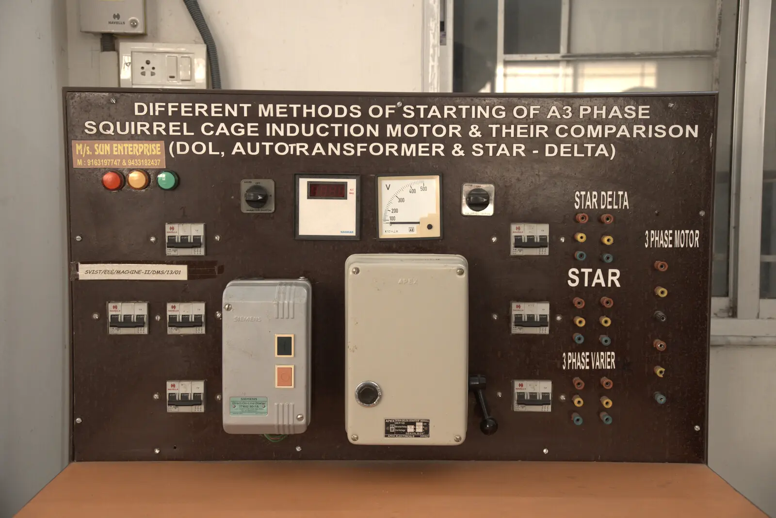 Training panel demonstrating DOL, autotransformer and star-delta starting methods for a 3-phase squirrel cage induction motor in SVIST's Electrical Machines Laboratory